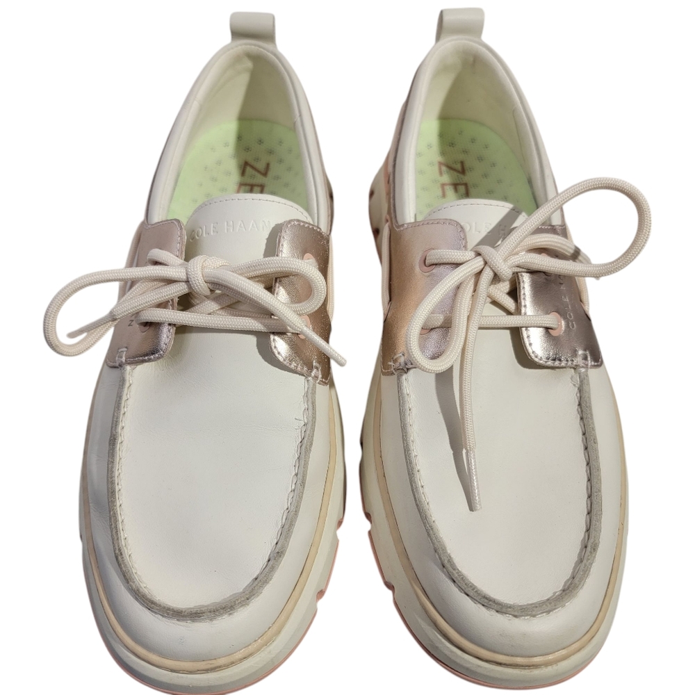 Cole Haan Women's 9B 4.Zerogrand Regatta Boat Shoes Ivory Leather Rose Gold